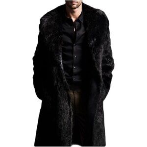 ✨Colf Faux Fur Coat Men Black Winter Long Sleeve CollarOutwear Long Parka Jacket